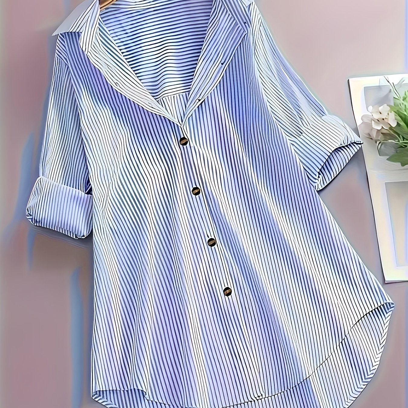 Plus Size Women's Striped Button-Down Shirt Long Sleeve Blue White