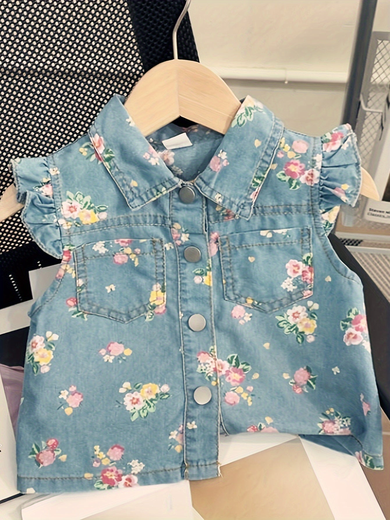 Kids' Denim Outfit Set with Floral Print Short Sleeve Top and Shorts for Toddlers and Children 3-8 Years
