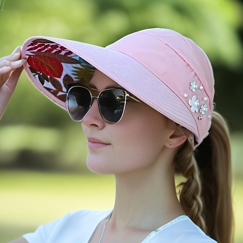 Women’s Beaded Sun Visor with UV Protection Foldable Polyester Outdoor Hat