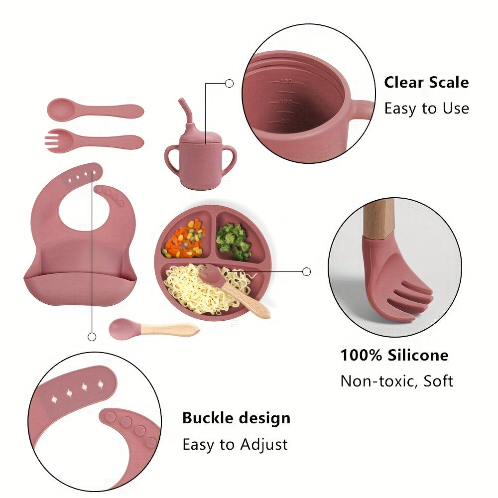 8-Piece Silicone Toddler Feeding Set Non-Toxic BPA-Free Suction Plates Bibs Straw Cups Utensils