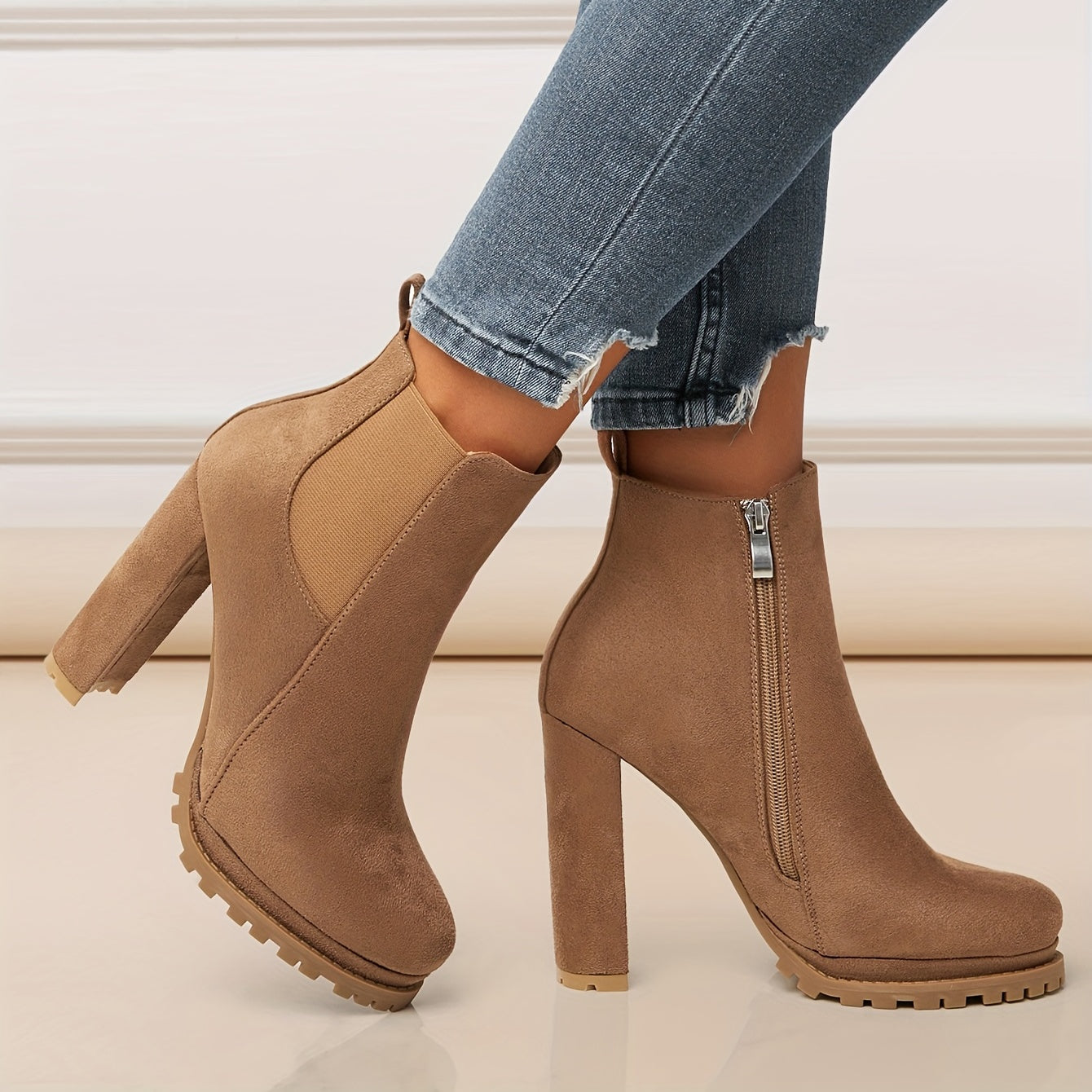 Women's Leather Pointed Toe Short Boots Side Zipper Chunky Heel