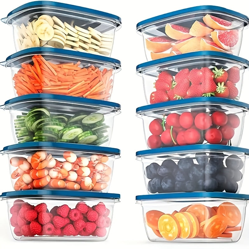 10-Piece Reusable Clear Plastic Food Storage Containers with Blue Lids for Kitchen Snacks and Produce