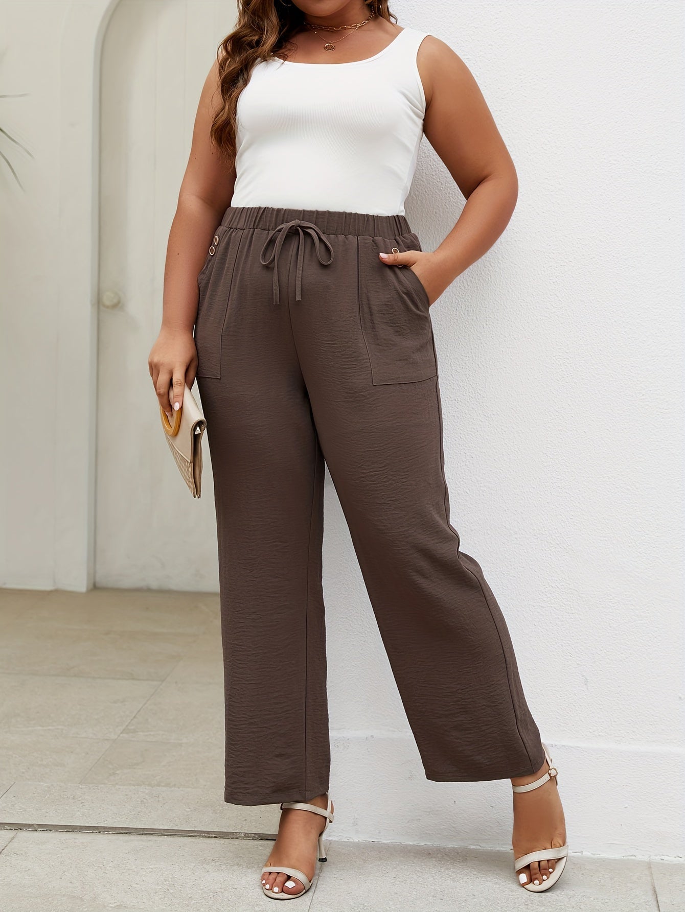 Plus Size Women's High-Waisted Straight-Leg Pants Elastic Waist Wide Fit Casual