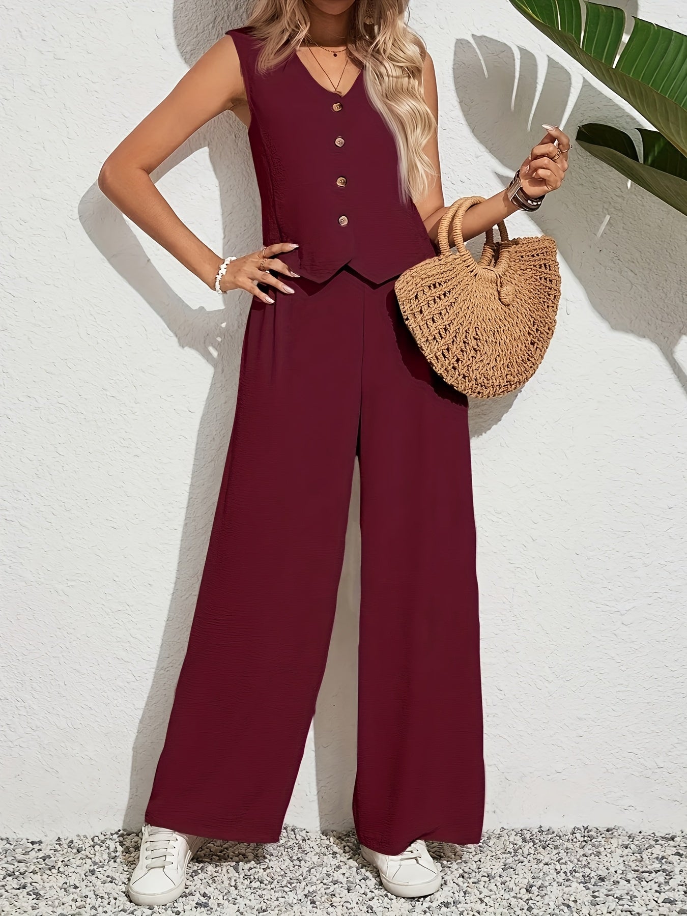 Women's Casual Suit with Button-Front V-Neck Vest and Elastic Waist Pants Lightweight Polyester Spring Summer