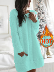 Women's Fleece Loungewear Dress with Pockets Crew Neck Fall Winter Casual