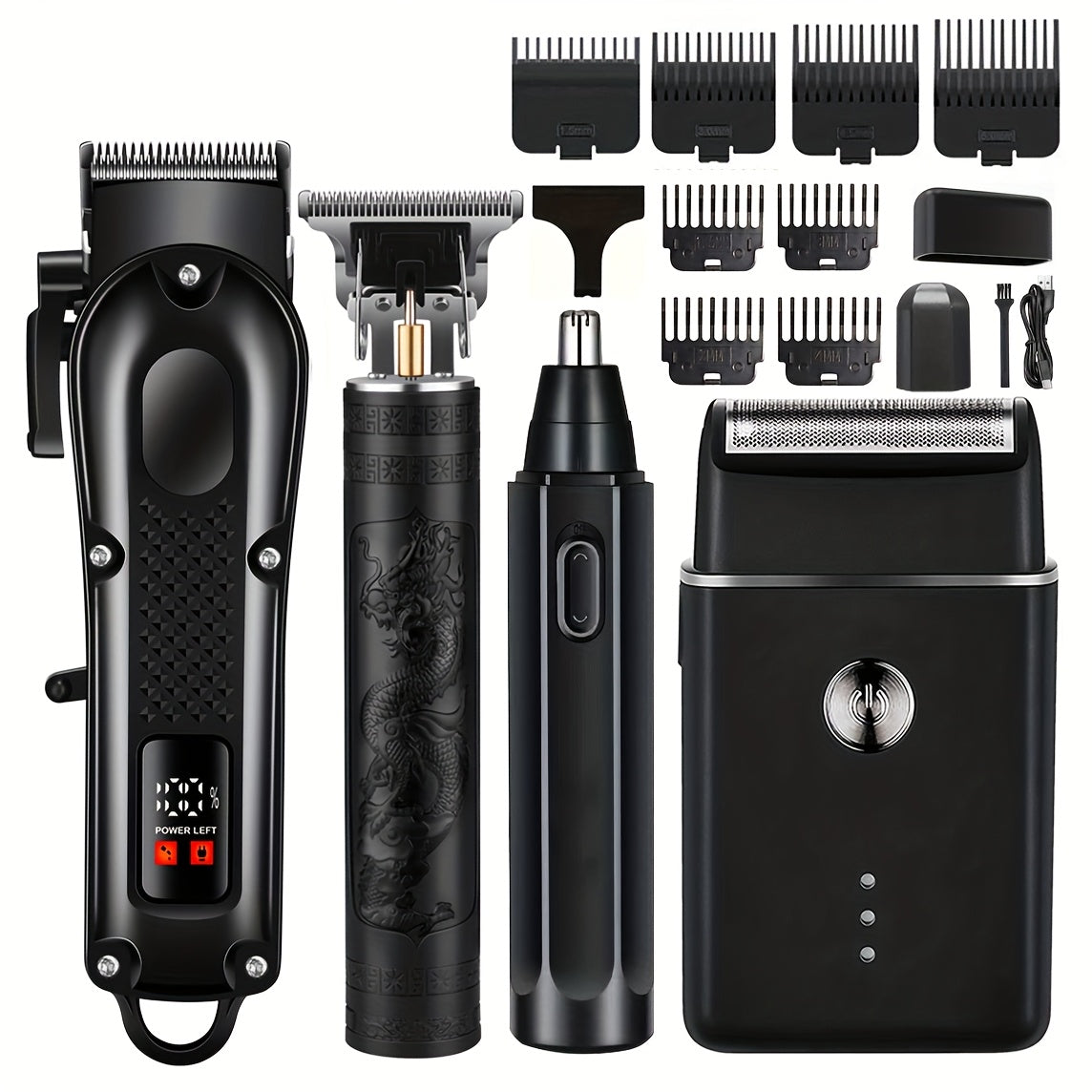 4pc Men's Grooming Kit with USB Rechargeable Hair Clipper Electric Shaver Trimmer Beard Nose Styling Tool
