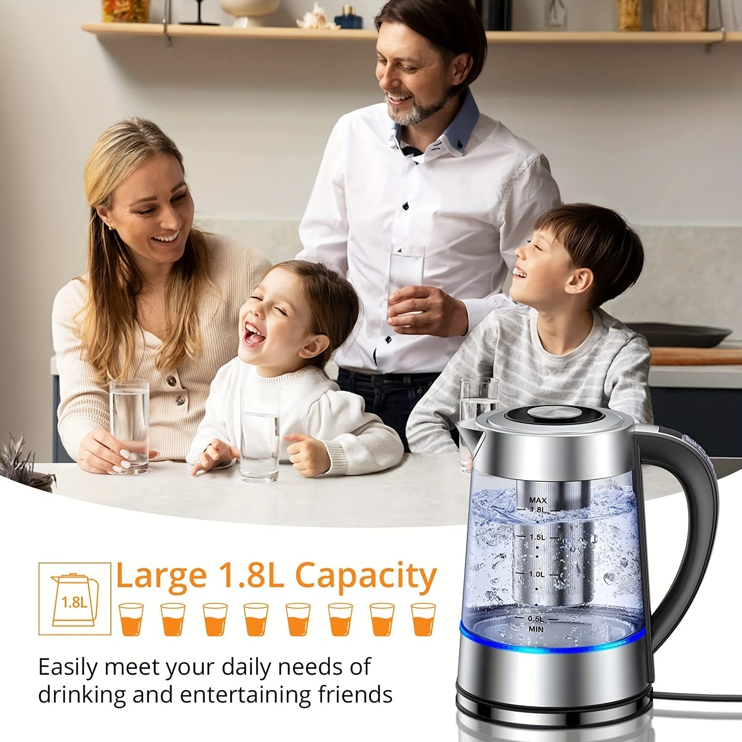 Electric Glass Kettle 1.8L with 12 Temperature Controls and Insulation