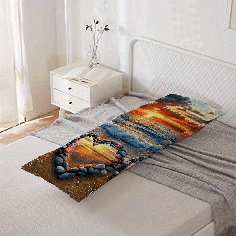 Valentine's Day Heart Beach Scene Plush Pillow Cover 137x51cm Decorative Cushion Case