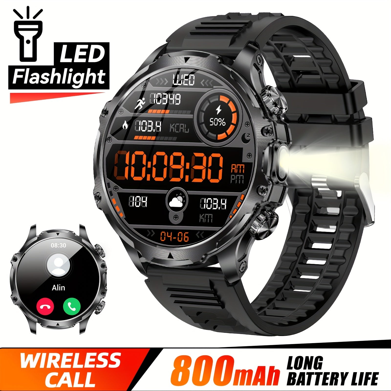 JELLOO 2024 Sport Aqlli Soat 800mAh batareya, 1.85" displey, simsiz qo'ng'iroqni javob berish, LED chiroq, USB zaryadlash, zanglamaydigan po'latdan yasalgan tasma, ko'p sport rejimlari, iPhone va Android uchun