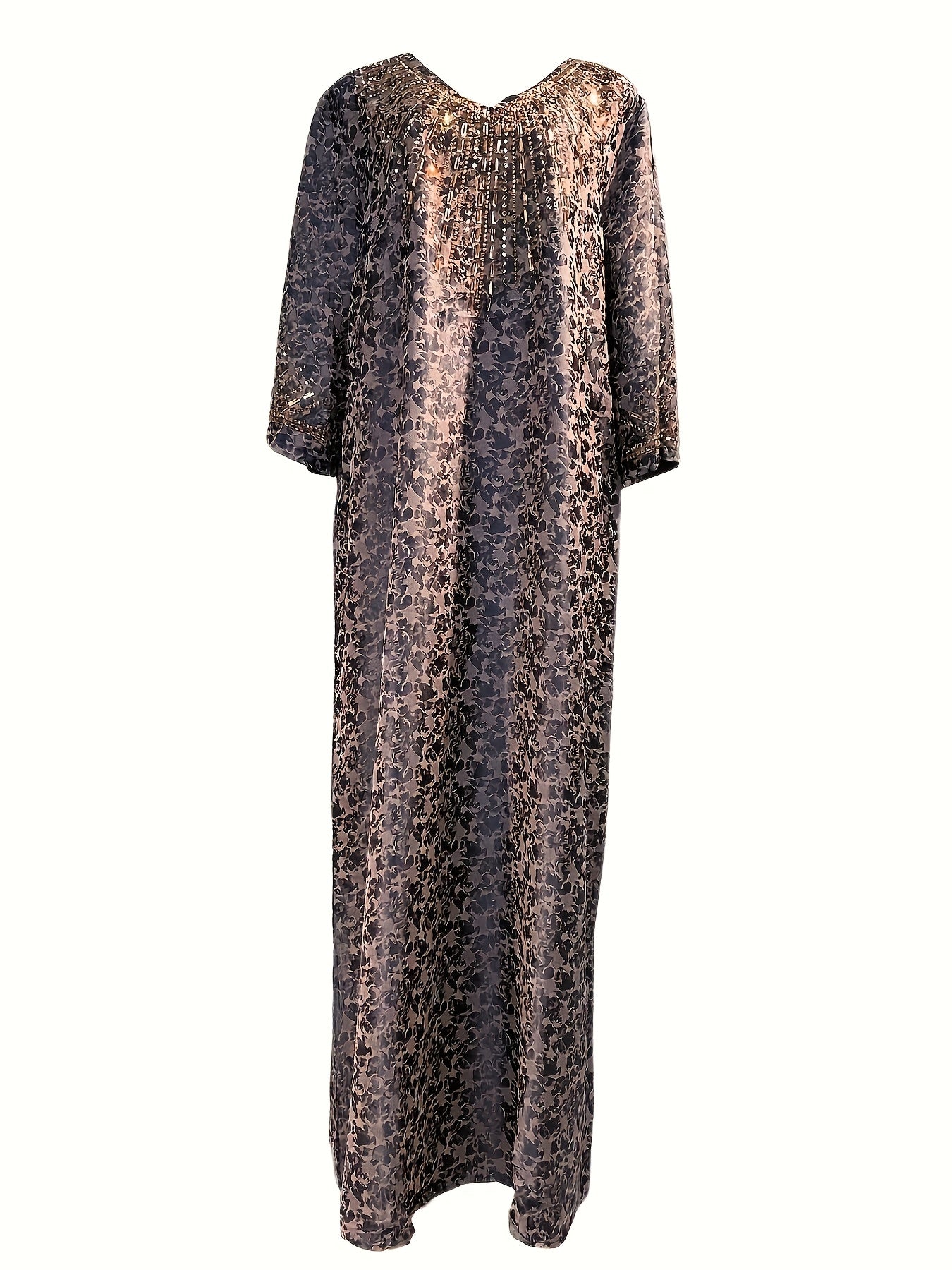 Plus Size Blue Floral Abaya with Rhinestone Embellishments Comfortable Breathable Fabric