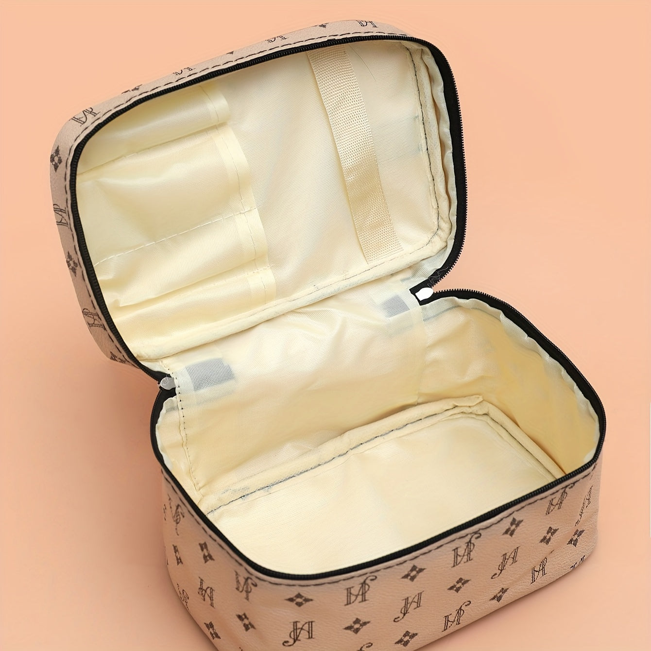 Minimalist Beige Synthetic Leather Makeup Bag with Black Handles and Zippers