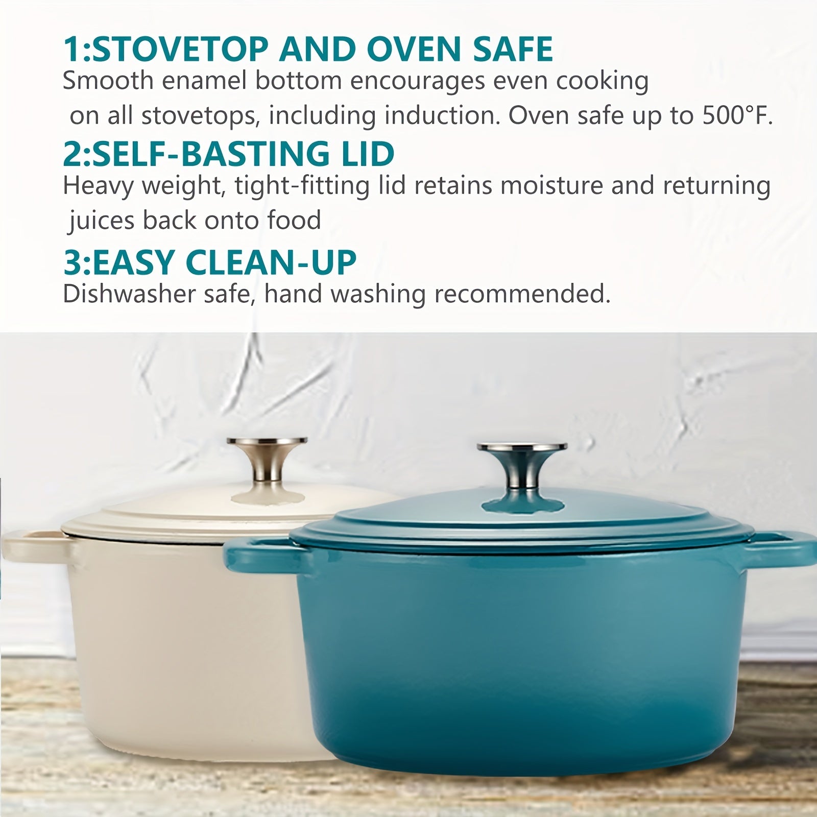 Olla de hierro fundido esmaltado de 3.7 cuartos con tapa, antiadherente, olla redonda para cocinar