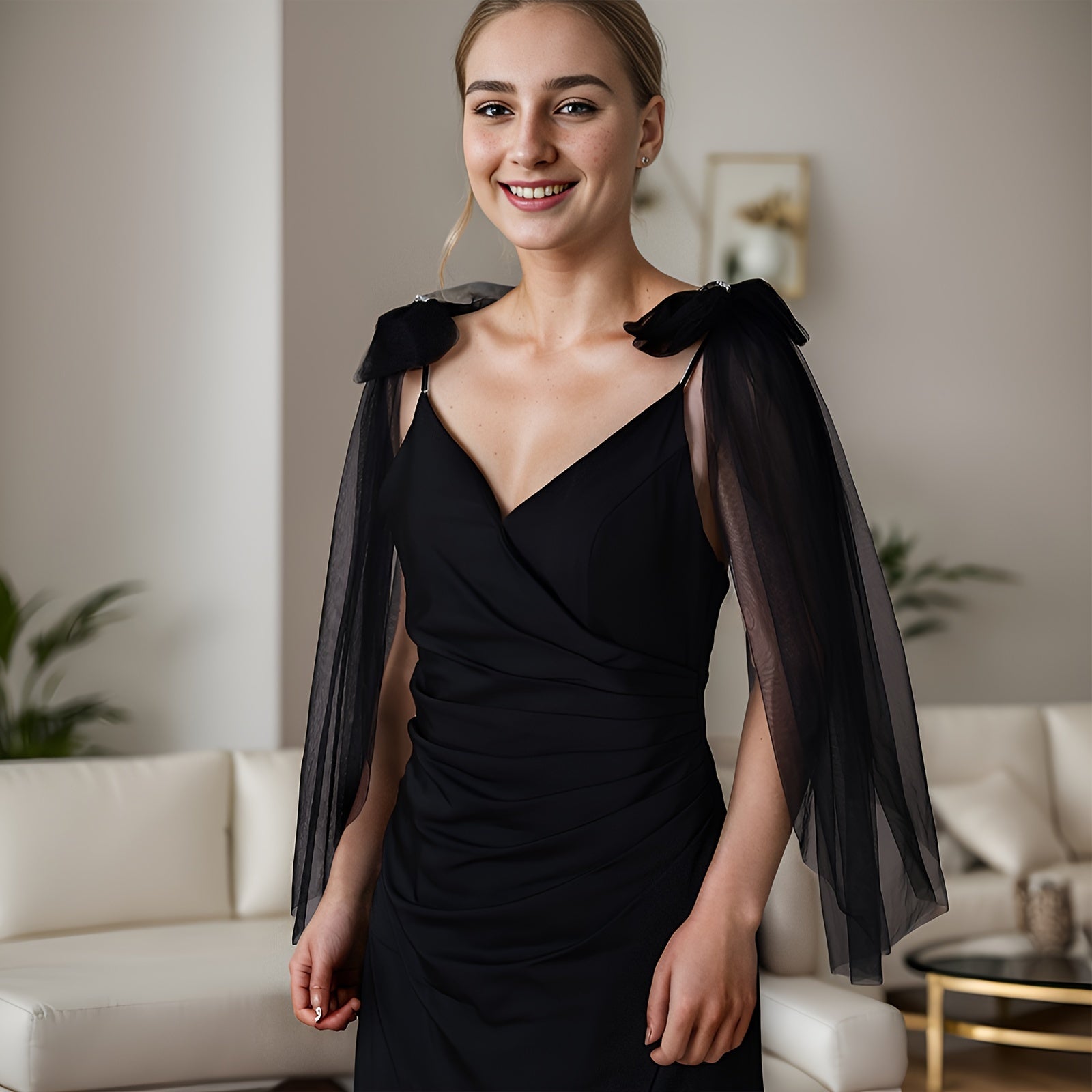 Black Tulle Shawl with Princess Bow Detachable Bridal Party Dress Accessory