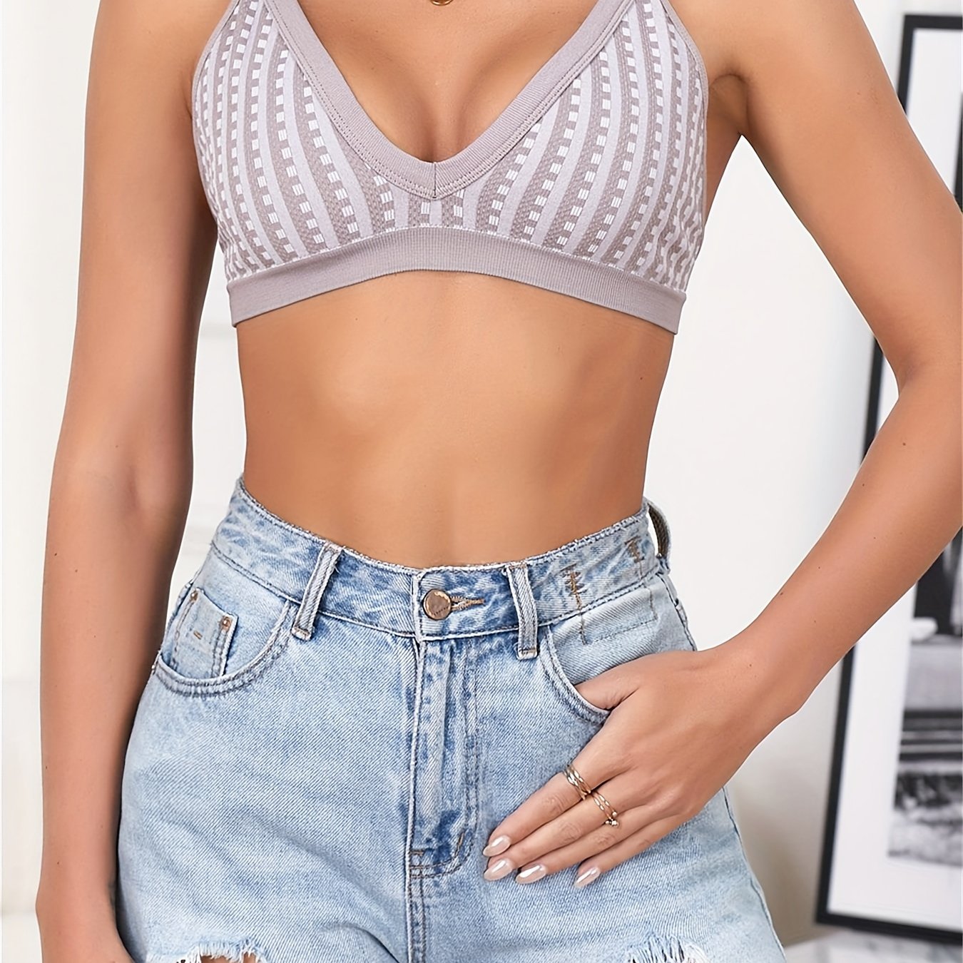 Sujetador bralette de cuadros morados con ganchos ajustables en la espalda, sin relleno, soporte alto, ropa casual