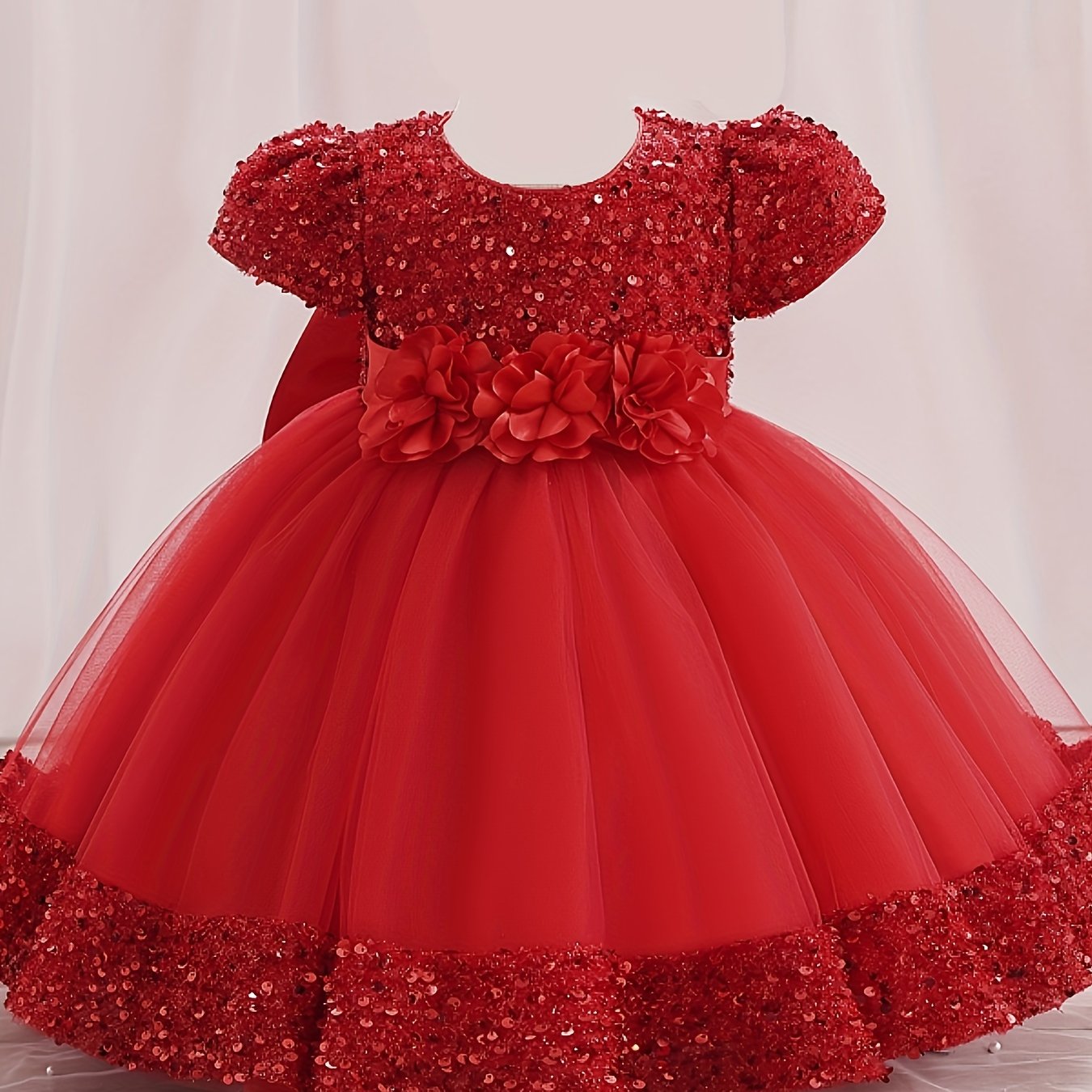 Girls Sparkling Midi Dress with 3D Flower Decor Sequin and Belt for Weddings Parties