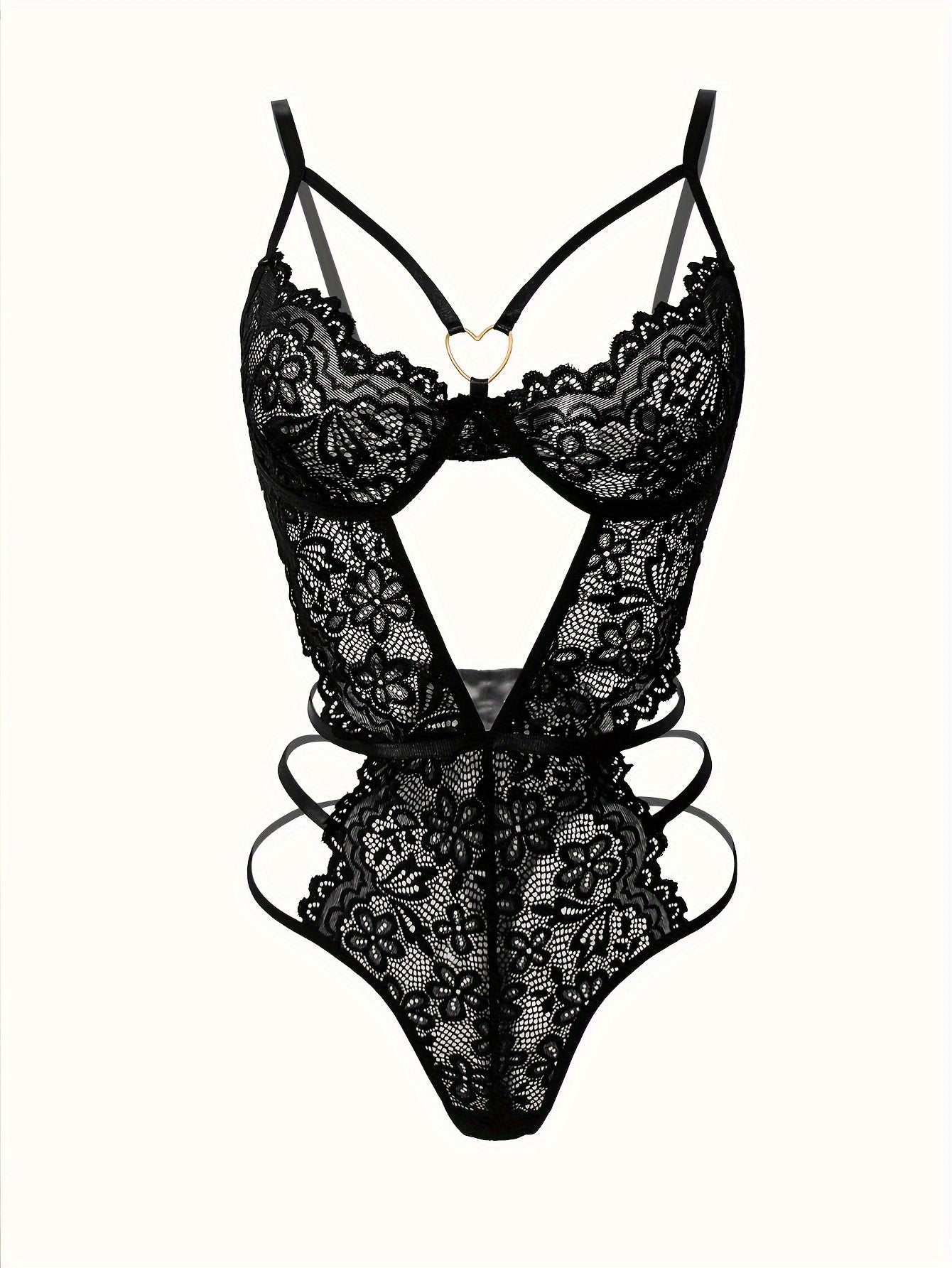 Women's Floral Lace Teddy with Heart Cut-Out and Linked Back