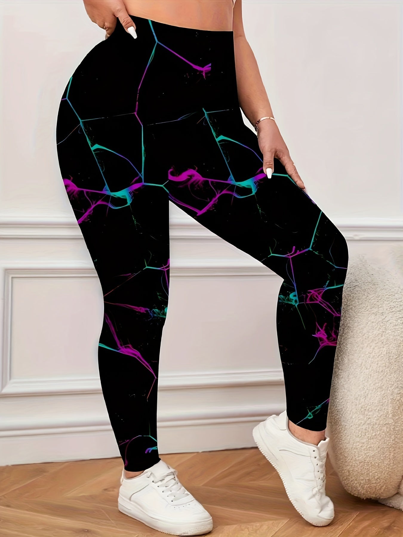 Leggings de talla grande con estampado floral y cintura alta para mujer poliéster casual para todas las estaciones