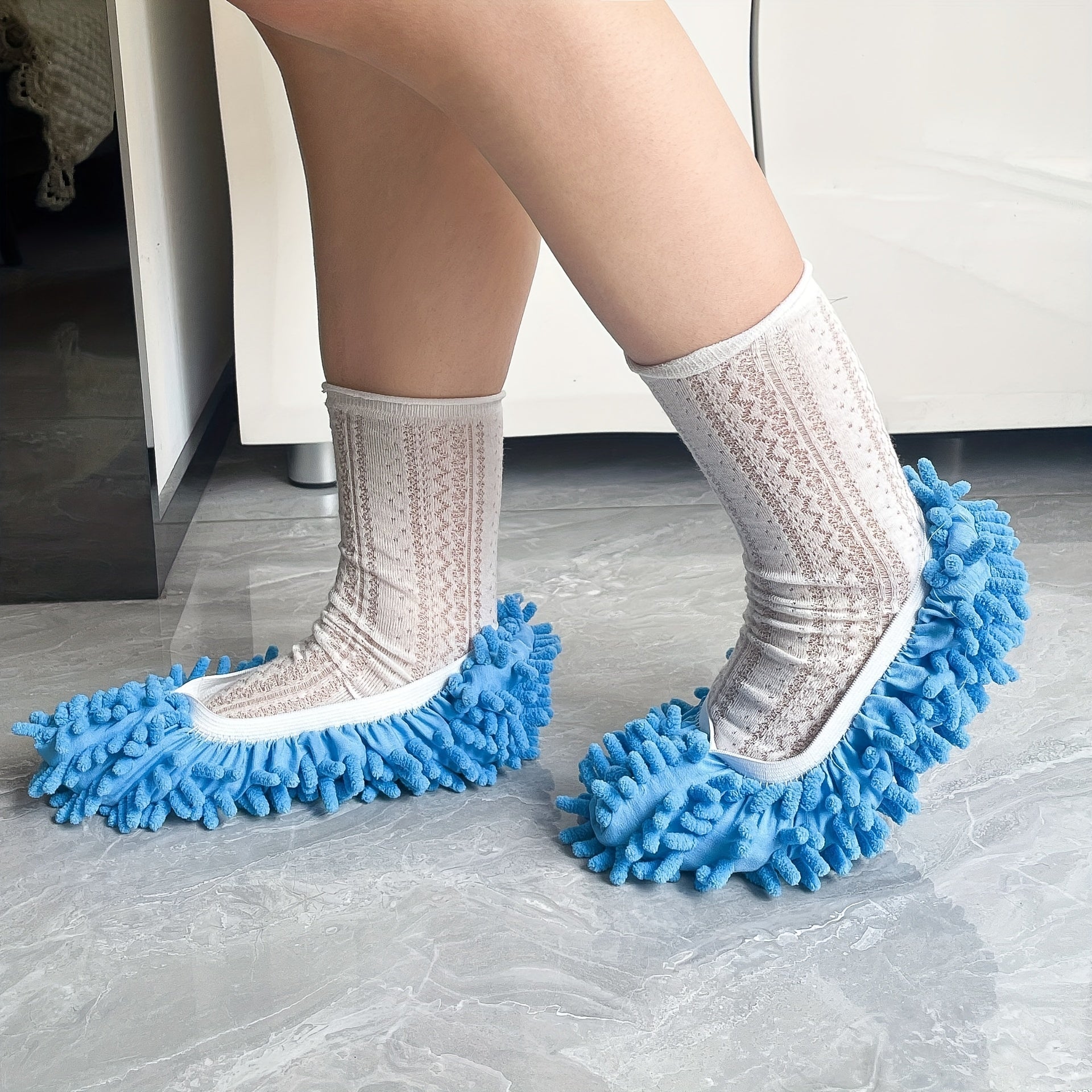 Blue and White Lace Pattern Plush Chenille Mop Slippers for Home Comfort