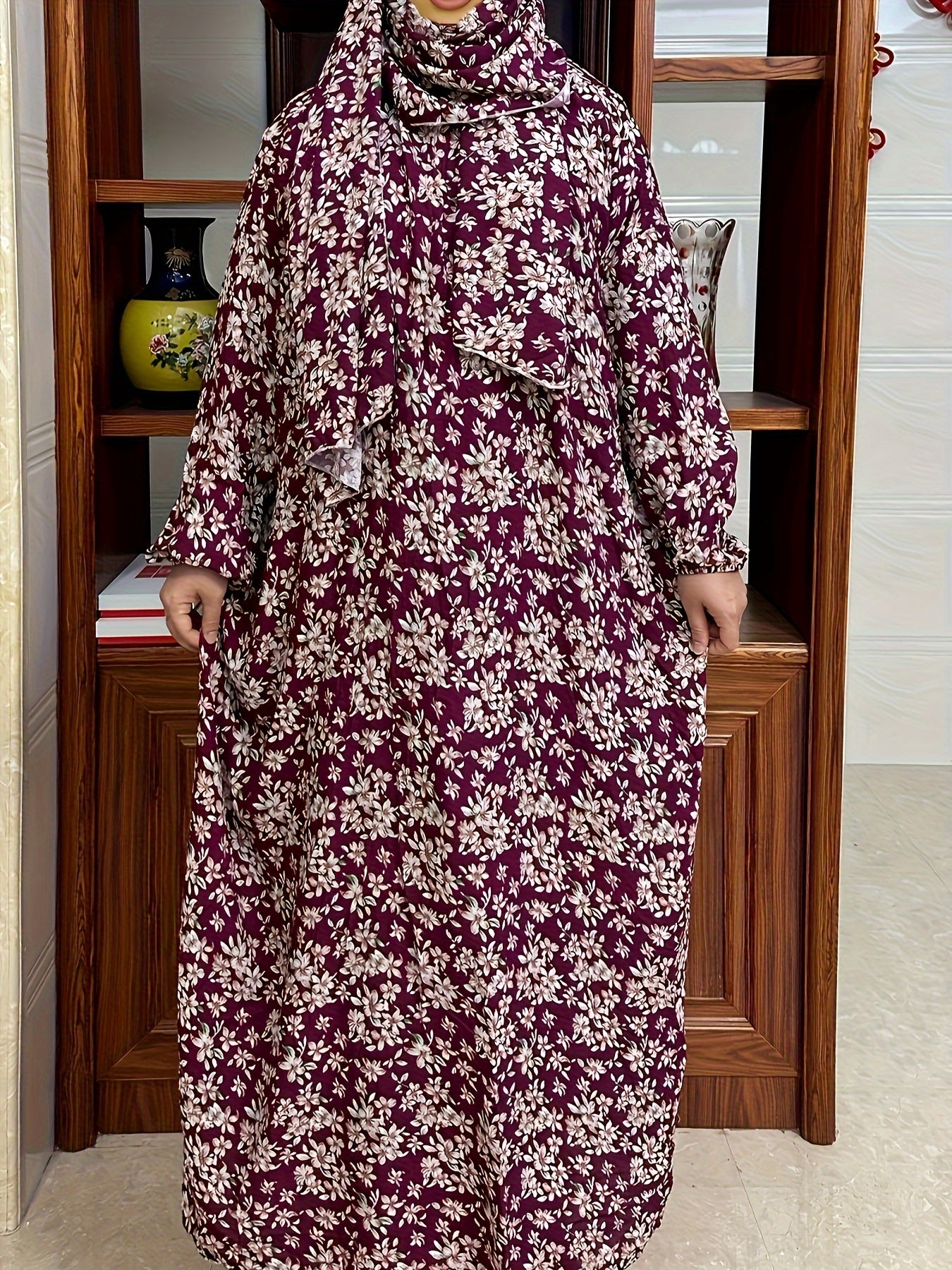 Plus Size Floral Maxi Dress Long Sleeve Hijab Cover-Up Women