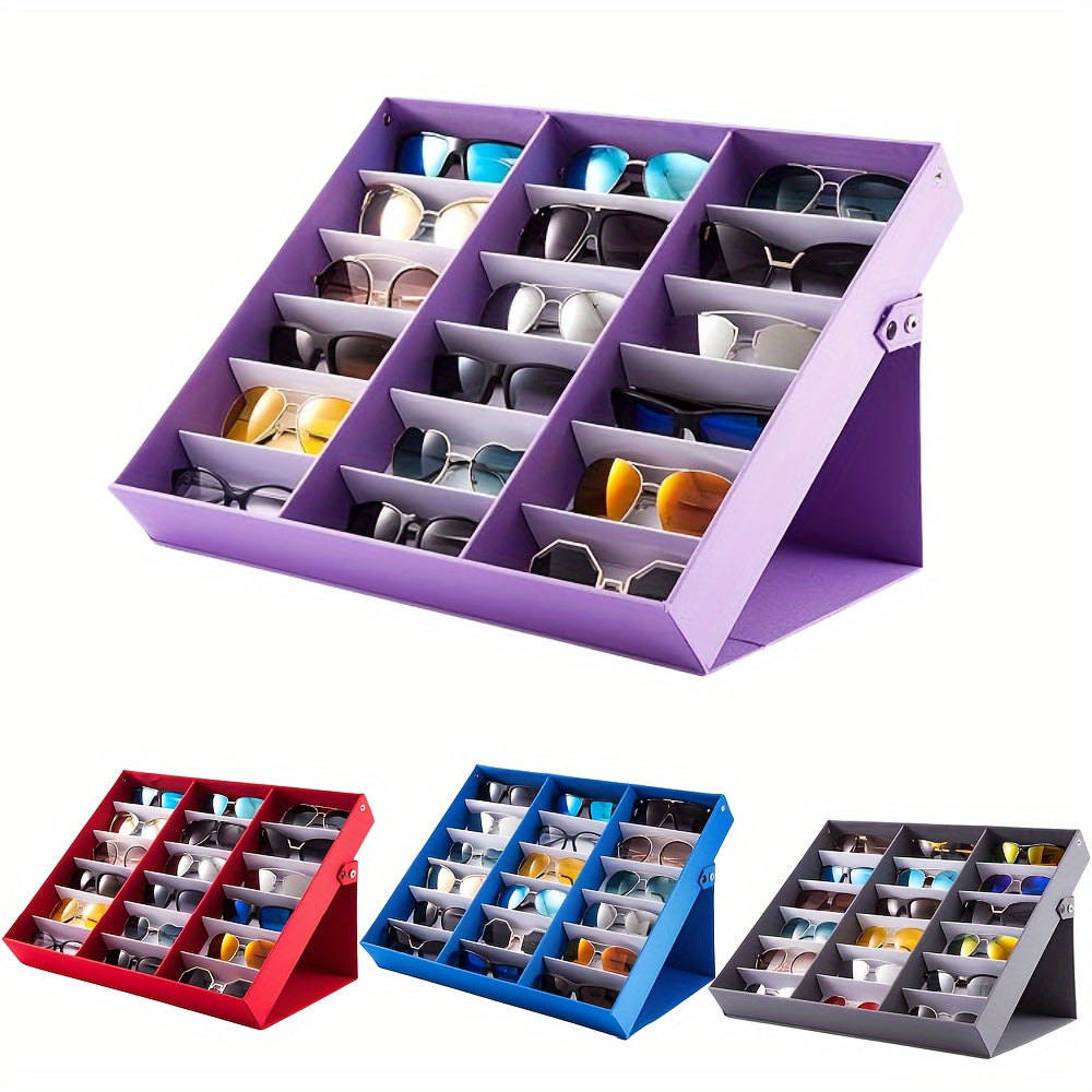 Women's Jewelry Storage Box with 18 Slots for Eyeglasses Artificial Leather Stand Purple Red Blue-Grey