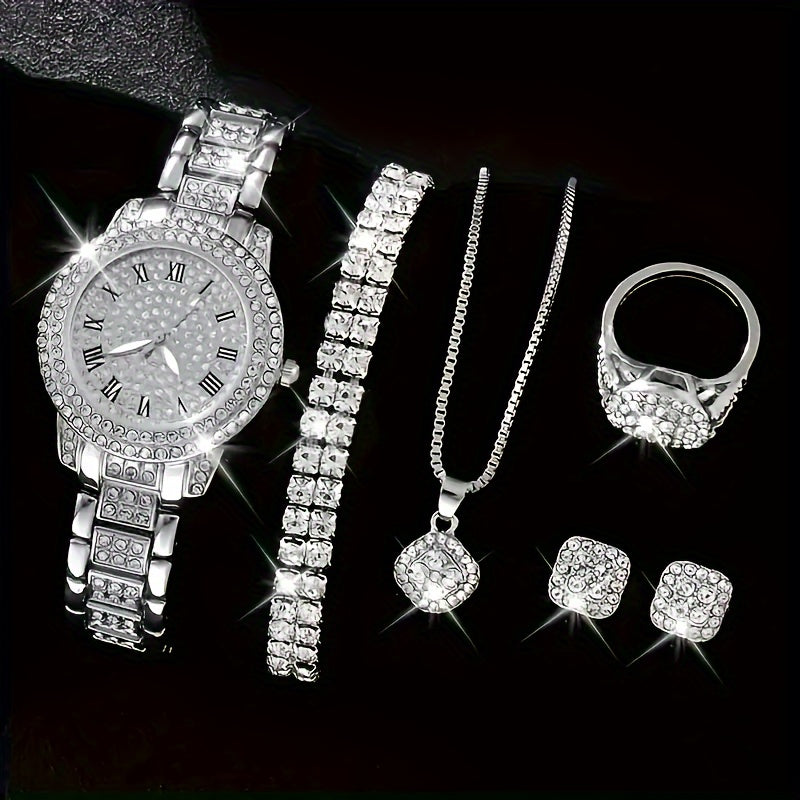 Women's Silver Quartz Watch and Jewelry Set for Gift Giving Valentine Easter Eid