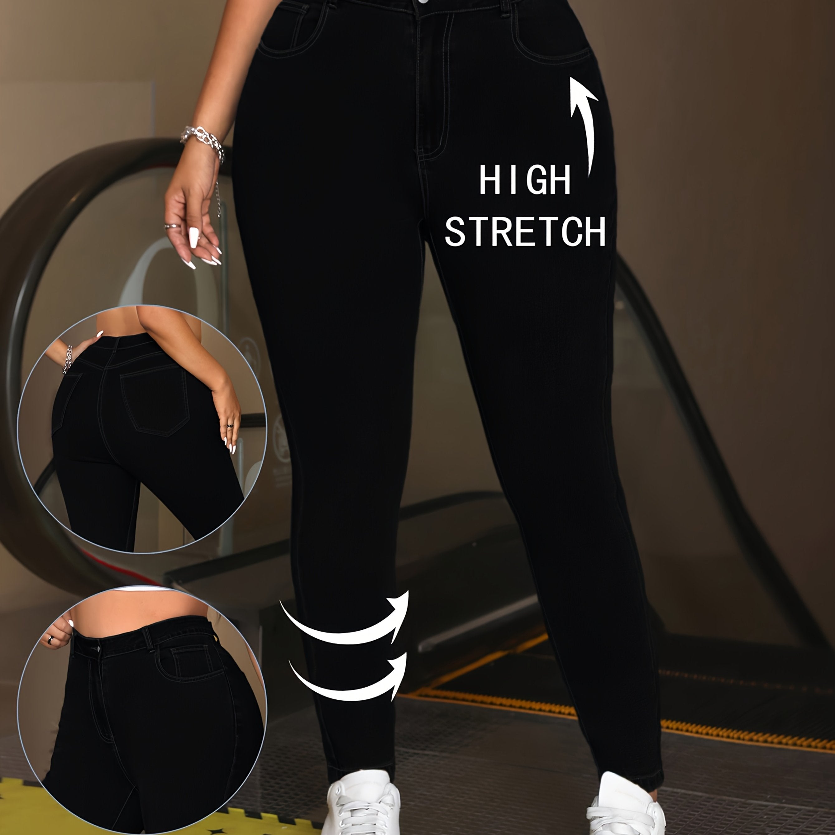 Ayollar uchun qora yuqori belli qattiq skinny jinsilar, cho‘ziladigan, shaffofsiz