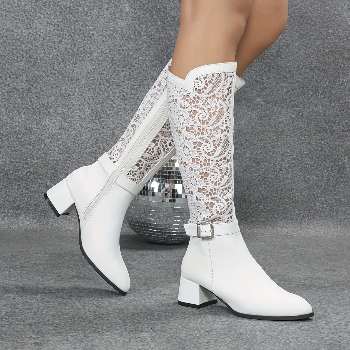 Women White Lace-Up High Heel Boots with Side Zipper for Fall Winter