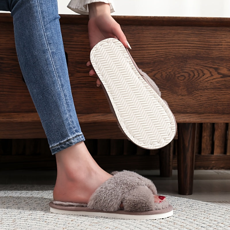 Women's Slip-On Cross Strap House Slippers Plush Furry Lining Flat Shoes