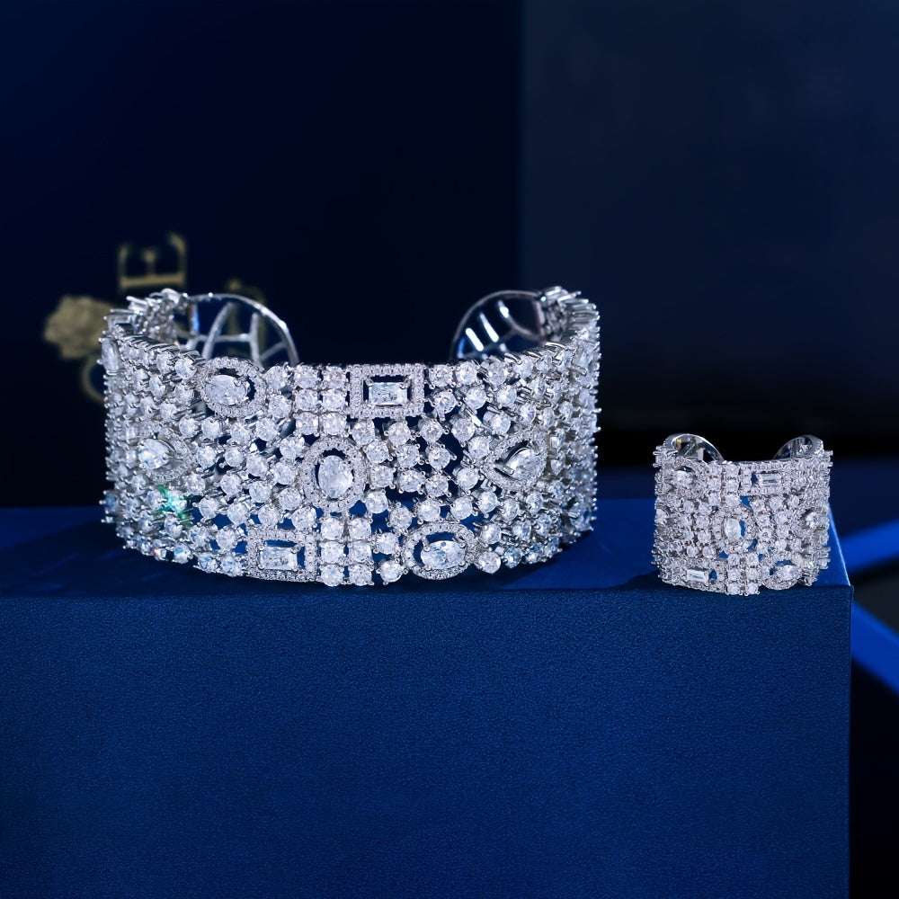 Women’s Zirconia Cuff Bracelet and Ring Set for Weddings and Formal Events