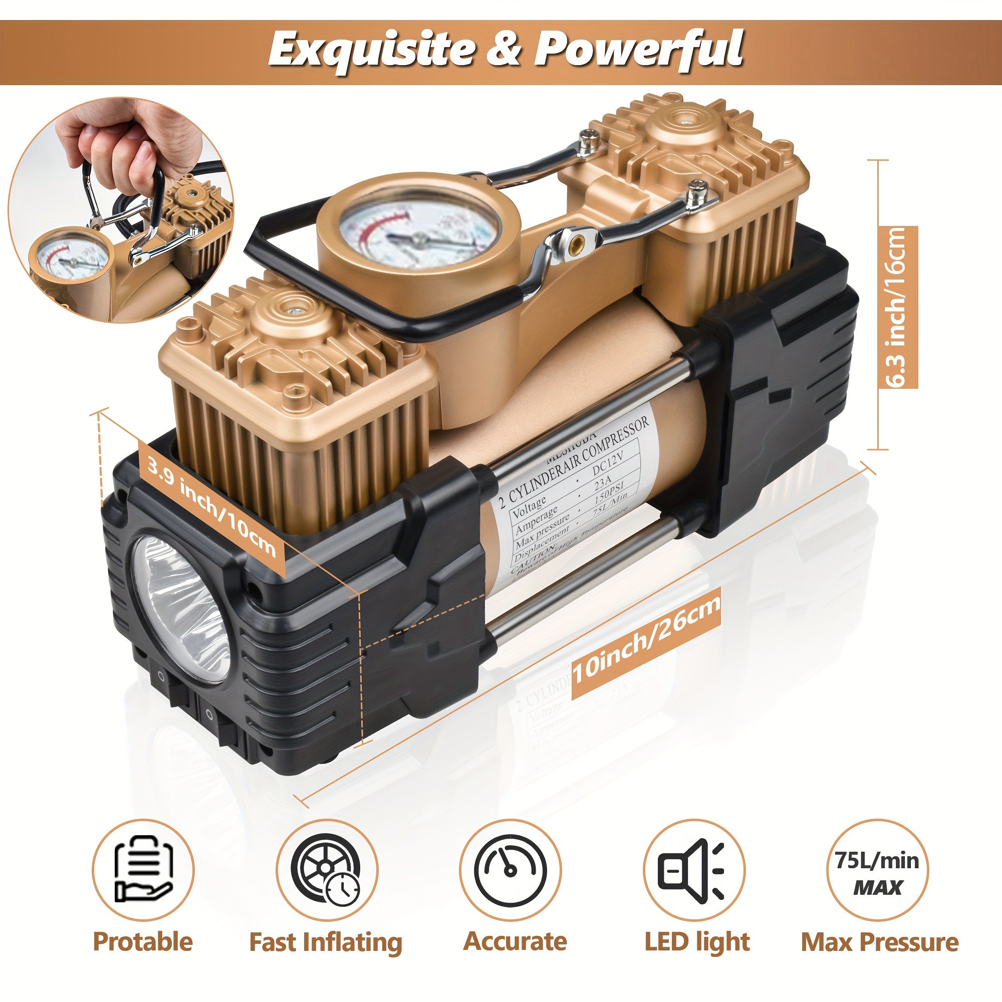 Compresor de aire de doble cilindro de 12V para uso intensivo, inflador portátil de neumáticos con manómetro y luz de emergencia