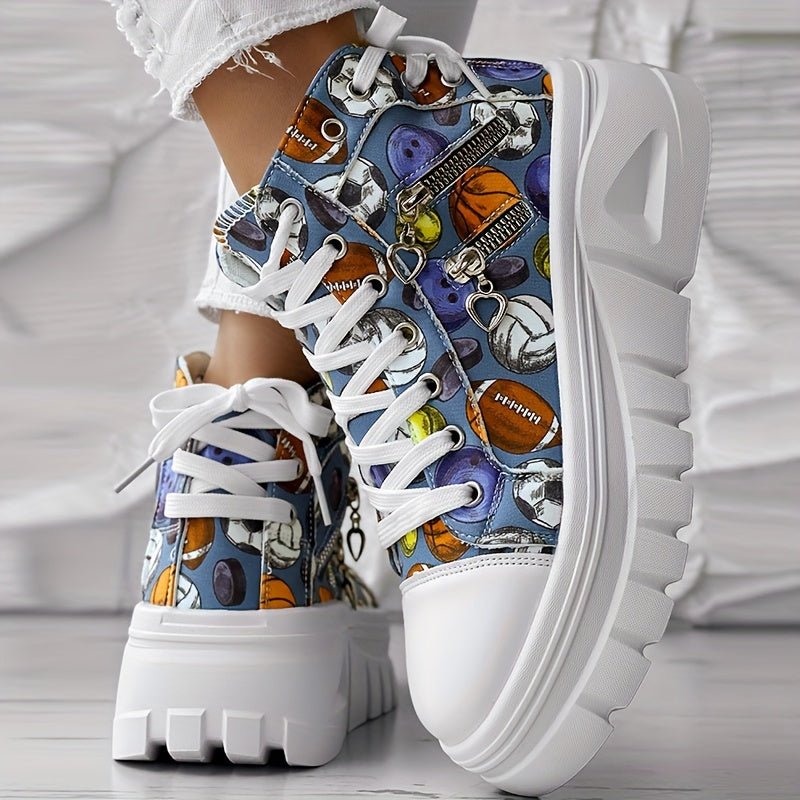 Women's Mid-Top Rainbow Heart Sneakers with Chunky Rubber Sole