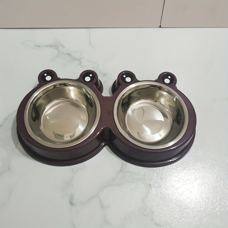 Stainless Steel Double Bowl for Small Dogs and Cats with Pet Frog Design