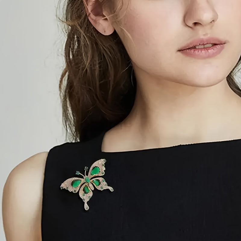 Vintage Emerald Rhinestone Butterfly Brooch Pins Set of 2 for Women Wedding Dress Shawl Accessories