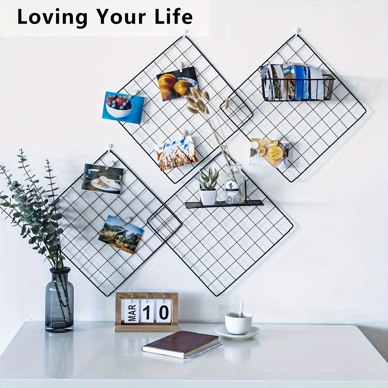 Metal Photo Wall Grid Panel Decorative Iron Display Rack Wire Grid for Photos 2 Sizes