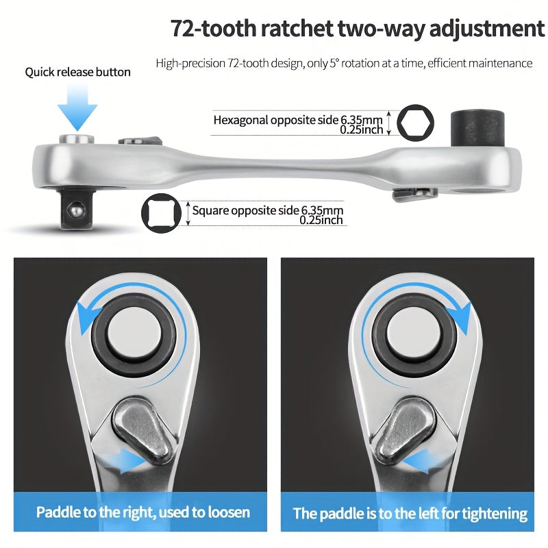 Mini Ratchet Wrench 1/4 Inch Drive Steel Compact Tool for Small Spaces