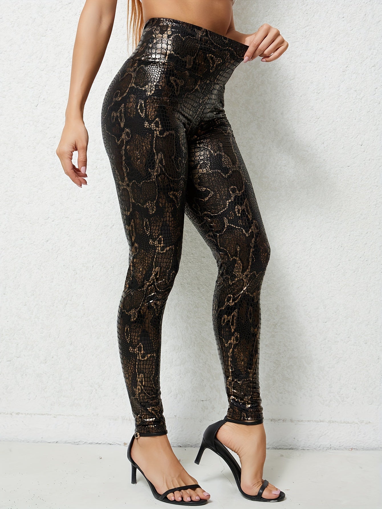 Women's Plus Size Snake Print High-Waist Leggings Stretchy Skinny Pants Brown