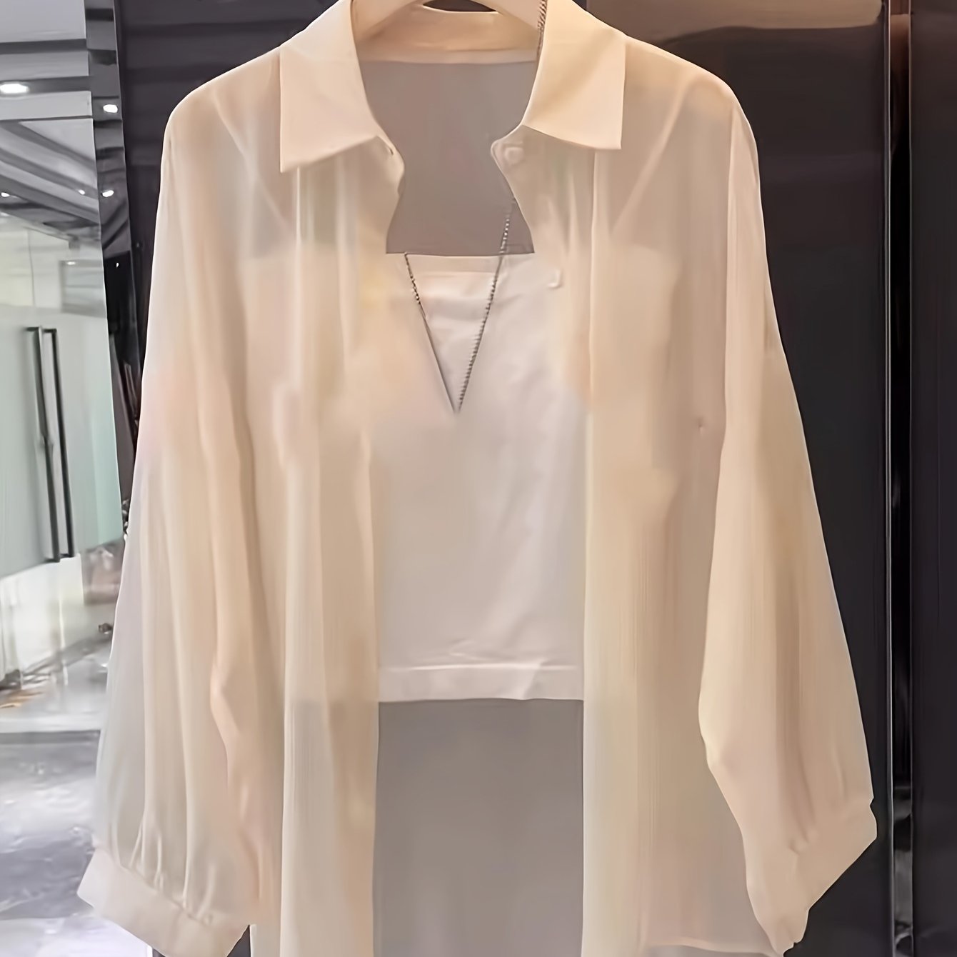 Women's Sheer Long Sleeve Button Shirt Spring Fall Solid Polyester Casual