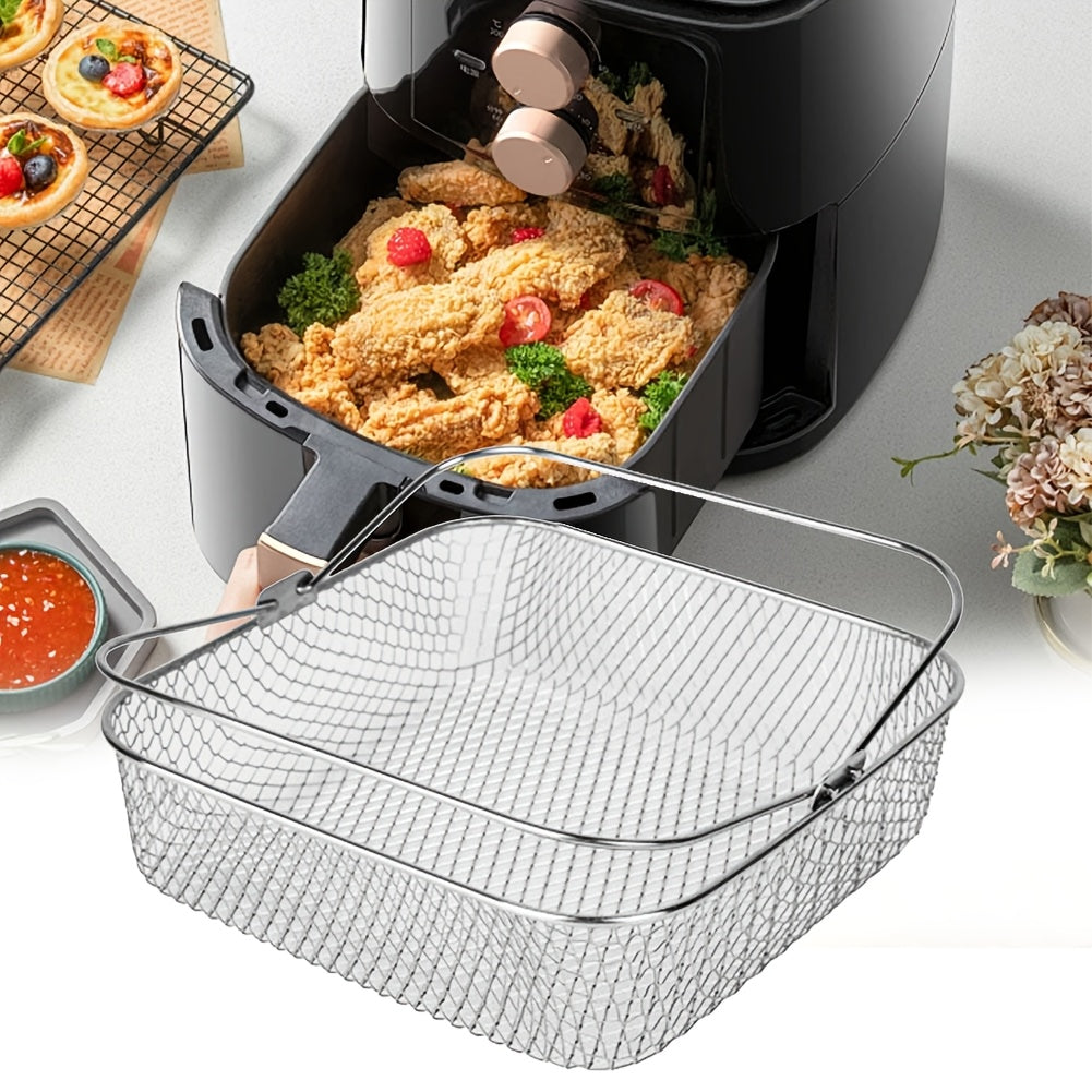 Stainless Steel Air Fryer Basket Square Mesh with Carry Handle