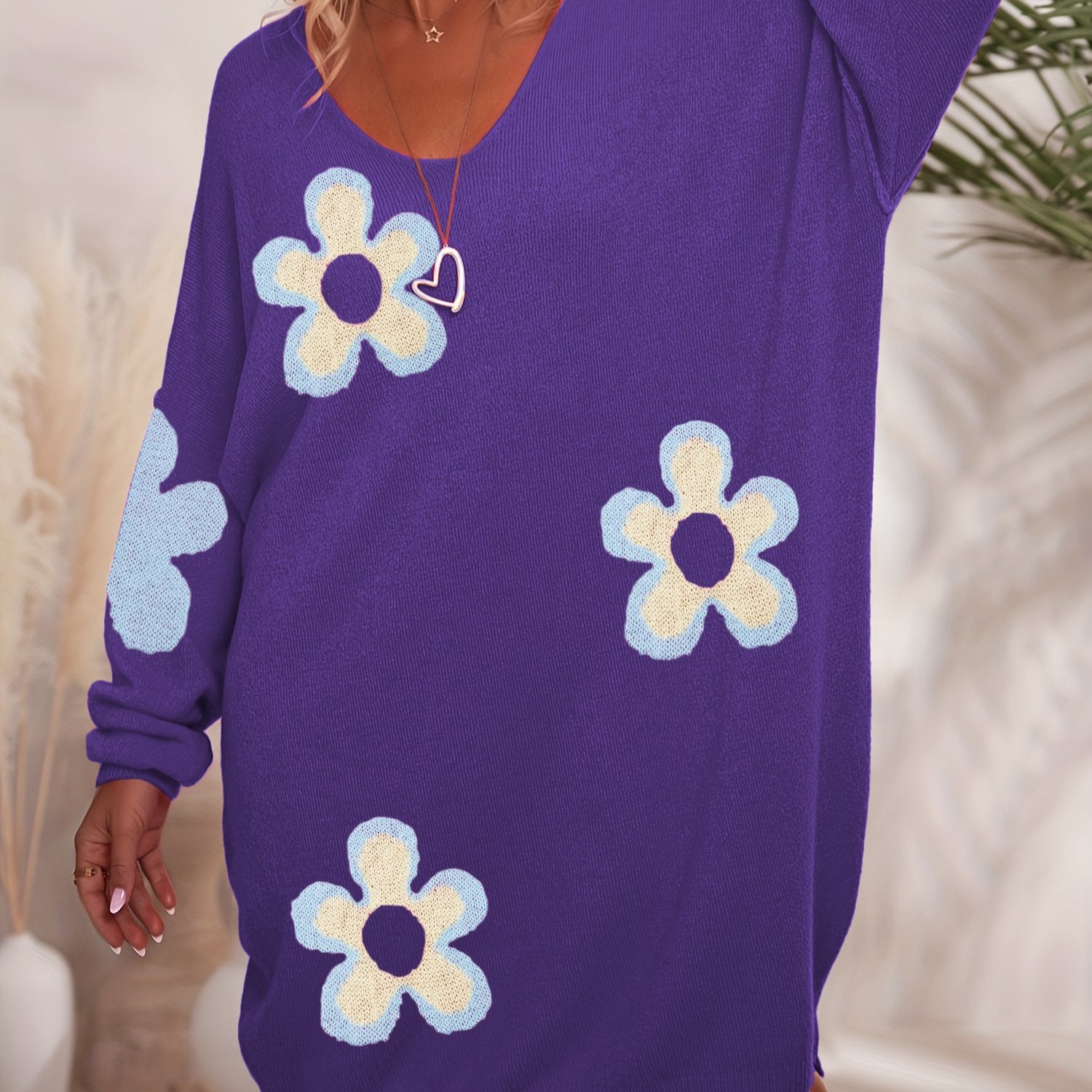 Plus Size Women's Floral Print V-Neck Sweater Knitwear All-Season Comfort