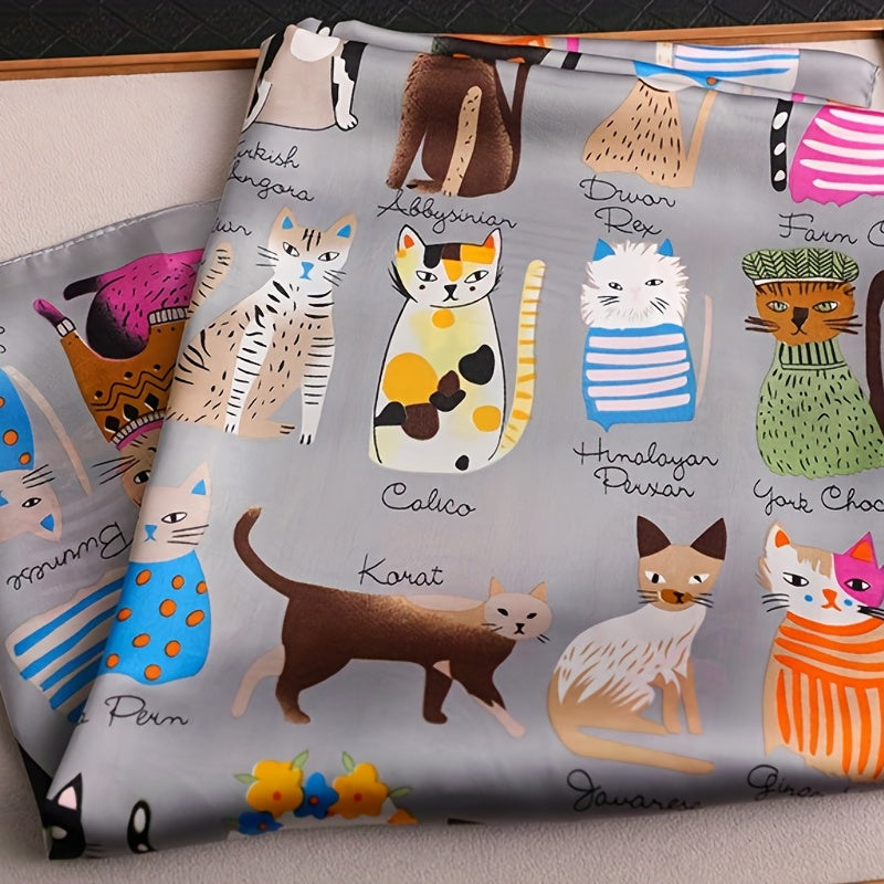 Women’s Polyester Square Scarf with Cartoon Cat Pattern Breathable Windproof Decorative