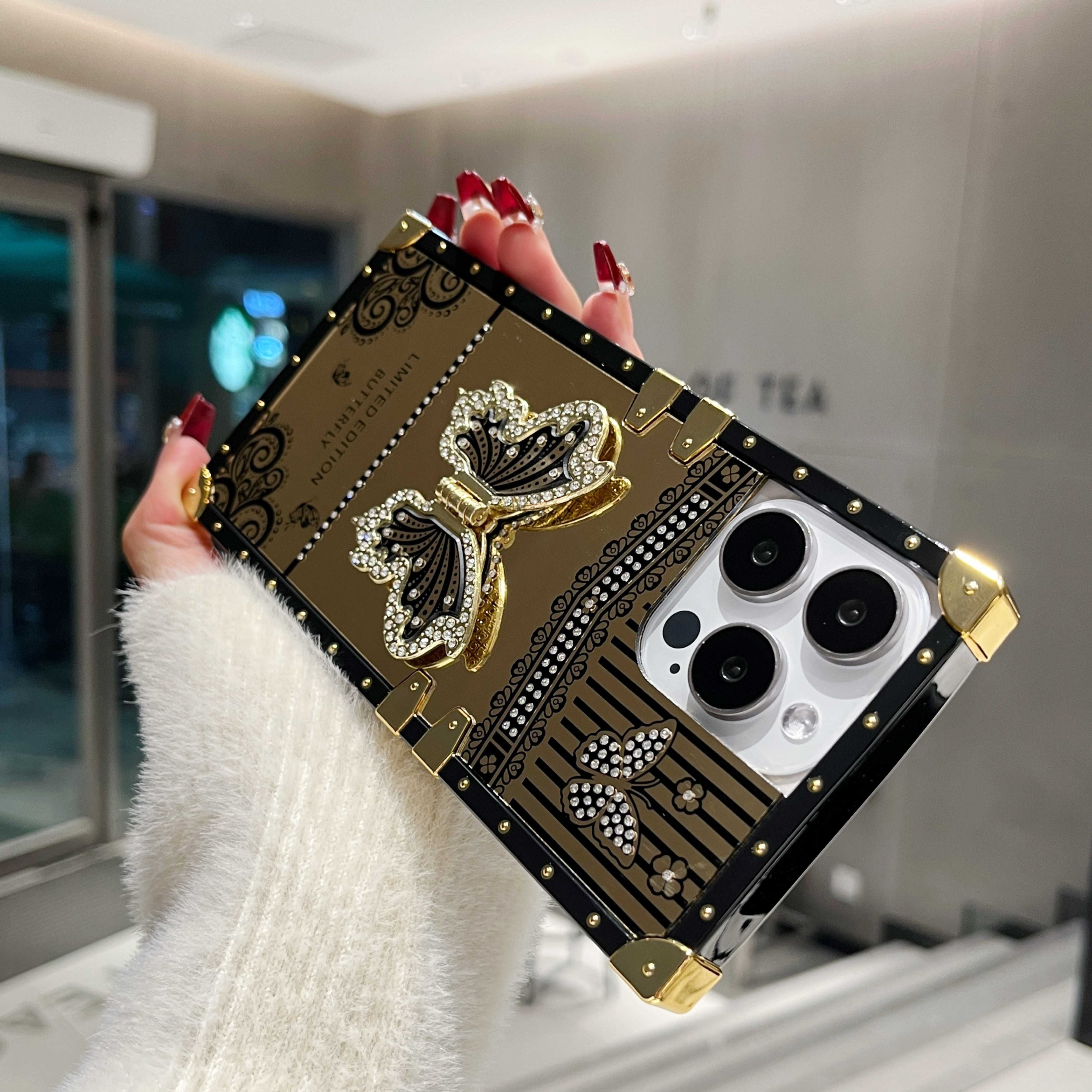 Gold-Plated Butterfly Stand Phone Case for iPhone 16 Pro Max/15/14/13 Pro Max with Holder and Elegant Design