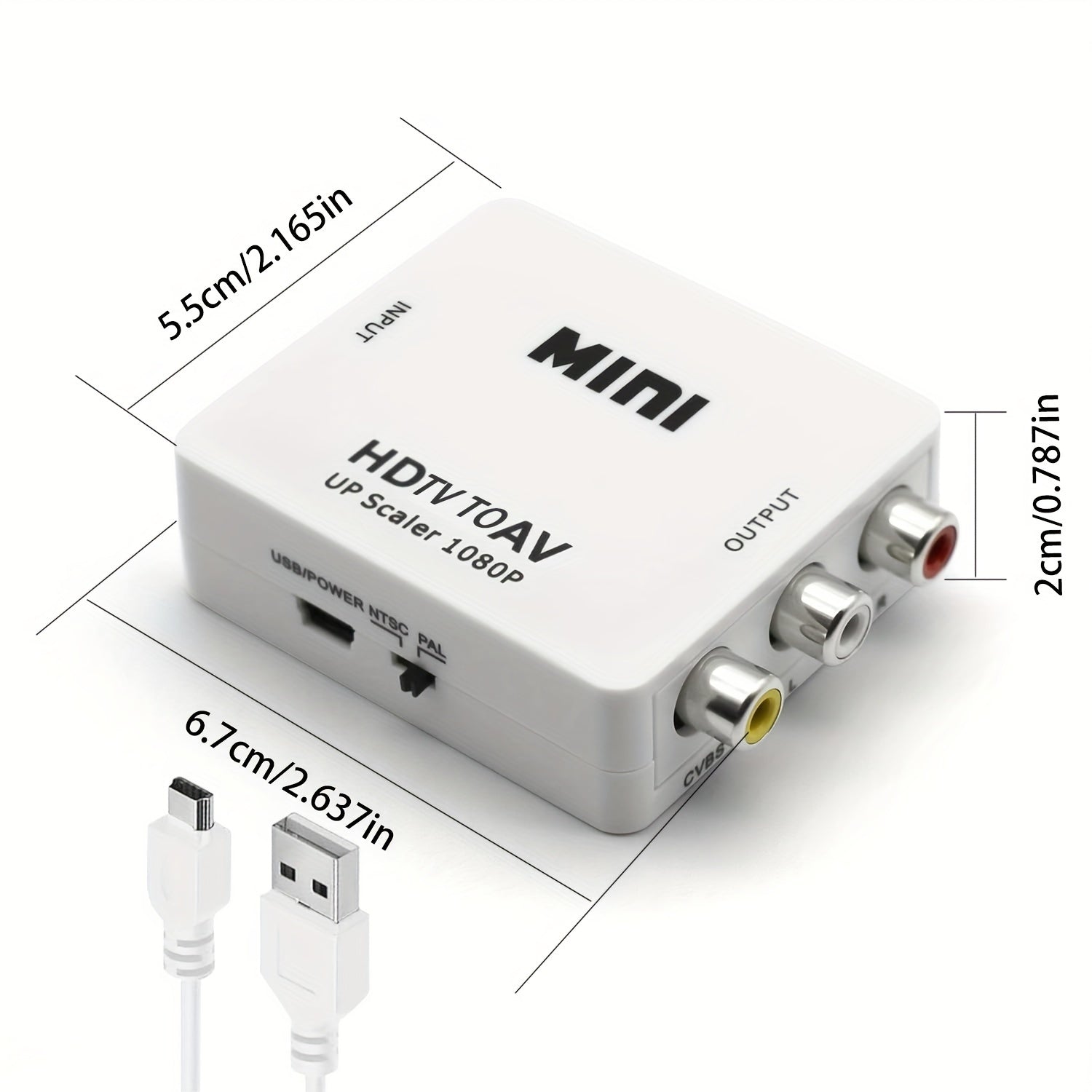 1080P RCA Adapter with USB Charging for PC Laptop HDTV DVD PAL NTSC Composite Video Audio White