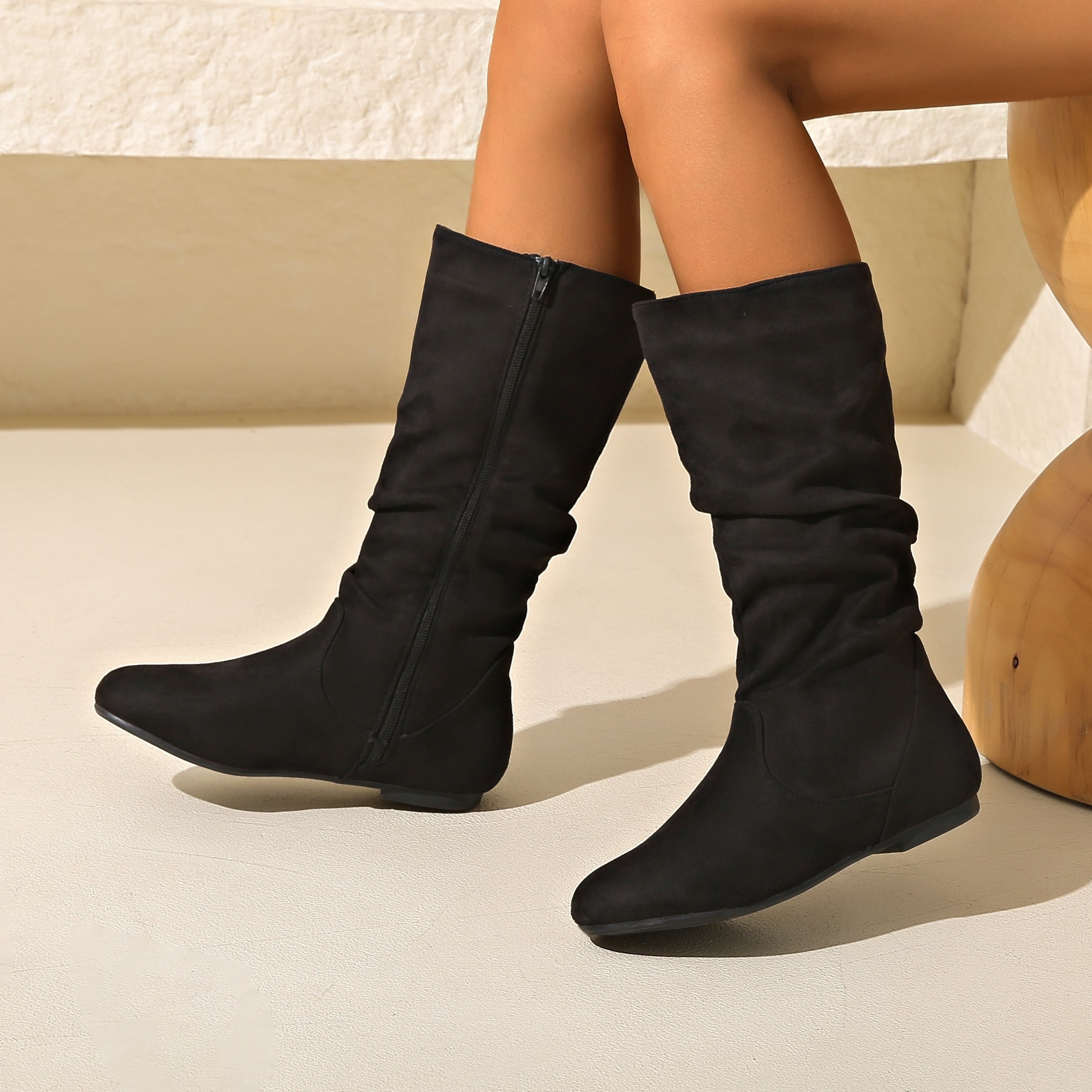 Women's Solid Color Round Toe Flat Mid-Calf Boots with Side Zipper