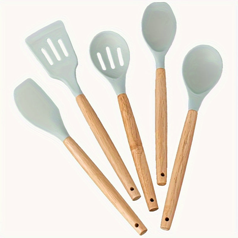 Set of 5 Non-Stick Kitchen Utensils with Wooden Handles for Cooking and Baking
