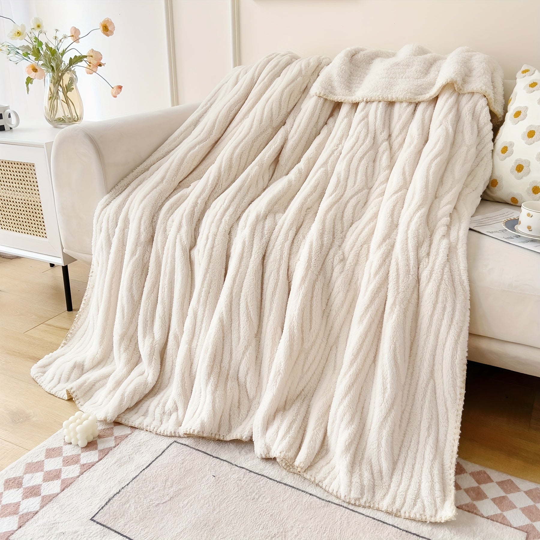 Fleece Jacquard Blanket Solid Color Warm Soft Couch Sofa Bed Travel Camping