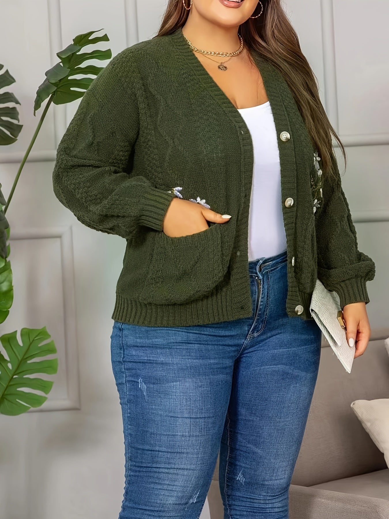 Plus o'lchamli gul naqshli trikotaj kardigan ayollar uchun uzun sleeve kuz qish oddiy