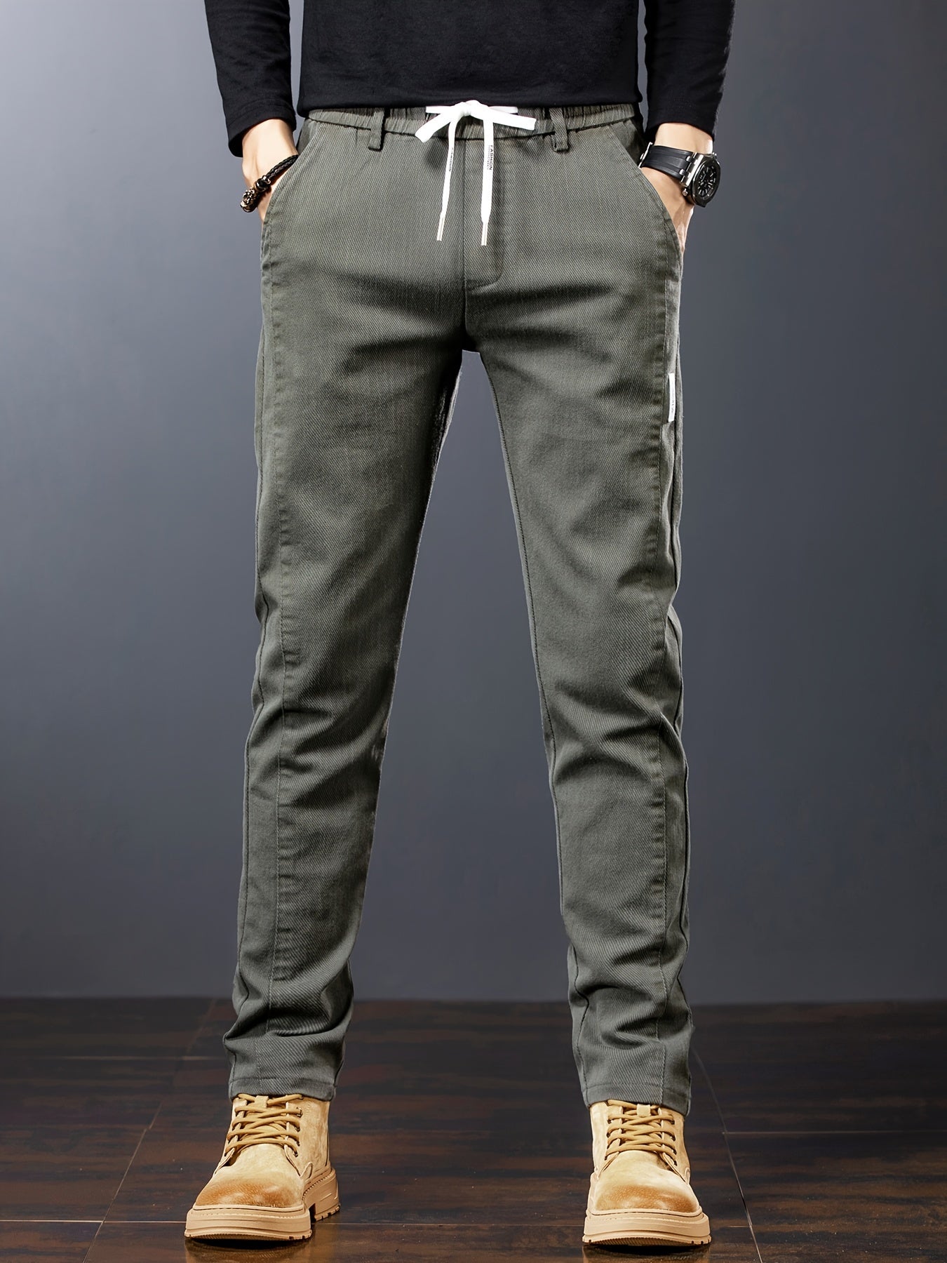 Men's Slim-Fit Solid Color Stretch Cotton Pants Mid-Rise Casual for Daily Wear