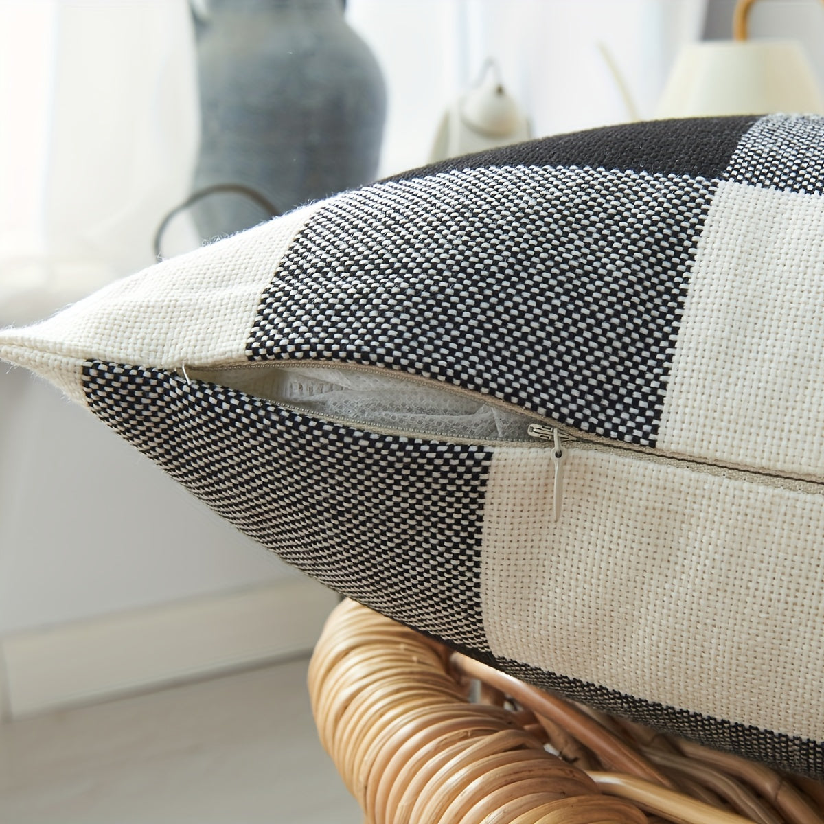 Funda de cojín de lino y algodón bohemio con cuadros tejidos y rayas 50x30cm, cojín lumbar