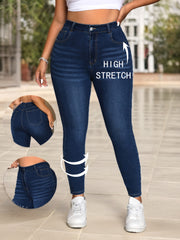 Pantalones vaqueros ajustados de mezclilla de tiro alto para mujer de color sólido