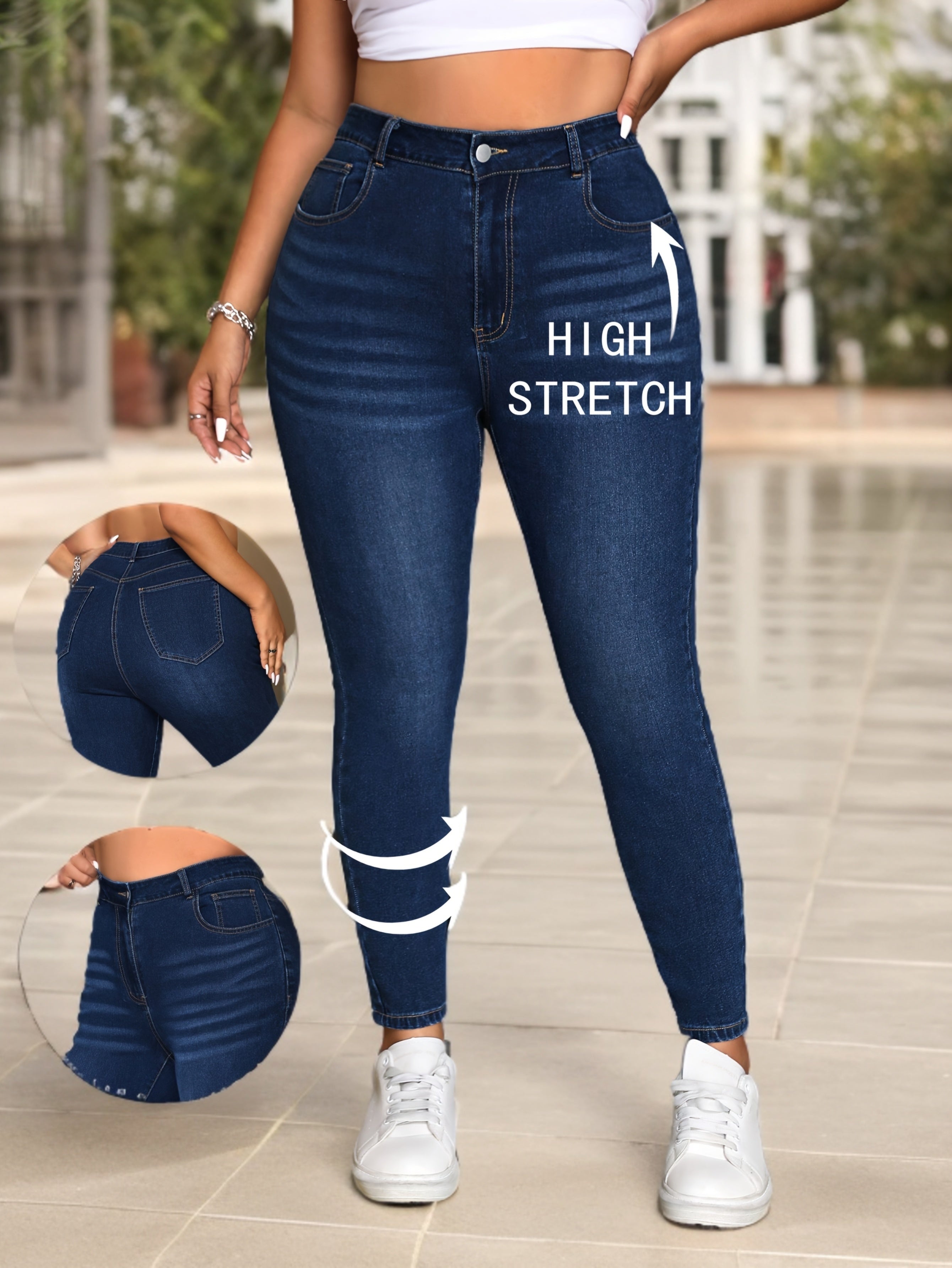 Pantalones vaqueros ajustados de mezclilla de tiro alto para mujer de color sólido